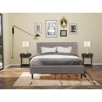 Nl14K-2Hi07 3 Piece Bed Set - 1 Bed Brown Taupe Velvet Fabric Headboard And 2 Nightstands - Distressed Jacobean Finish Nightstand