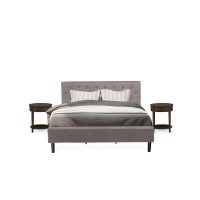 Nl14K-2Hi07 3 Piece Bed Set - 1 Bed Brown Taupe Velvet Fabric Headboard And 2 Nightstands - Distressed Jacobean Finish Nightstand