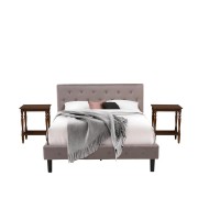 Nl14Q-2Bf0M 3 Pc Bed Set - 1 Bed Brown Taupe Velvet Fabric Headboard And 2 Wood Nightstand - Antique Mahogany Finish Nightstand