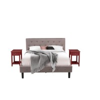 Nl14Q-2De13 3 Pc Queen Bedroom Set - 1 Wood Bed Brown Taupe Velvet Fabric Headboard And 2 Nightstands - Burgundy Finish Nightstand