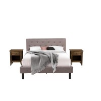 Nl14Q-2Ga07 3 Piece Bed Set - 1 Bed Brown Taupe Velvet Fabric Headboard And 2 Nightstands - Distressed Jacobean Finish Nightstand