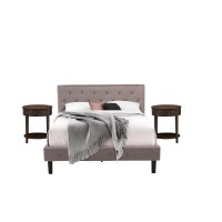 Nl14Q-2Hi07 3 Piece Bed Set - 1 Bed Brown Taupe Velvet Fabric Headboard And 2 Nightstands - Distressed Jacobean Finish Nightstand