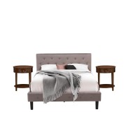 Nl14Q-2Hi08 3 Piece Queen Bed Set - 1 Bed Brown Taupe Velvet Fabric Headboard And 2 Nightstand - Antique Walnut Finish Nightstand