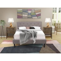 Nl14Q-2Vl07 3 Pc Bed Set - 1 Bed Brown Taupe Velvet Fabric Headboard And 2 Nightstands - Distressed Jacobean Finish Nightstand