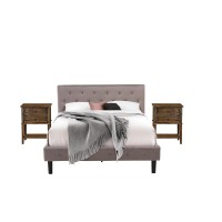 Nl14Q-2Vl07 3 Pc Bed Set - 1 Bed Brown Taupe Velvet Fabric Headboard And 2 Nightstands - Distressed Jacobean Finish Nightstand