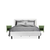 Nl19K-2Ga12 3 Pc Bed Set - 1 King Size Bed White Velvet Fabric Headboard And 2 Wood Nightstands - Clover Green Finish Nightstand