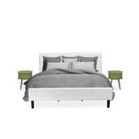 Nl19K-2Go12 3 Piece King Size Bed Set - 1 Bed White Velvet Fabric Headboard And 2 Night Stands - Clover Green Finish Nightstand
