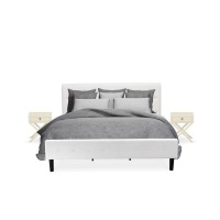 Nl19K-2Ha05 3 Pc Bed Set - 1 King Size Bed White Velvet Fabric Headboard And 2 Wooden Night Stand - Linen White Finish Nightstand