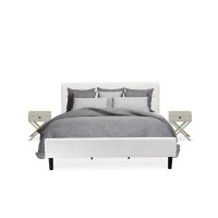 Nl19K-2Ha14 3 Piece Bedroom Set - 1 Bed Frame White Velvet Fabric Headboard And 2 Small Nightstands - Urban Gray Finish Nightstand