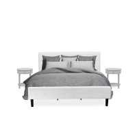 Nl19K-2Hi14 3 Pc King Bed Set - 1 King Bed White Velvet Fabric Headboard And 2 Wooden Night Stands - Urban Gray Finish Nightstand