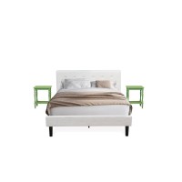 Nl19Q-2Bf12 3 Piece Bedroom Set - 1 Wood Bed White Velvet Fabric Headboard And 2 Night Stands - Clover Green Finish Nightstand