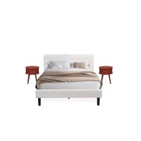 Nl19Q-2Go13 3 Piece Bed Set - 1 Bed White Velvet Fabric Headboard And 2 Night Stands For Bedrooms - Burgundy Finish Nightstand