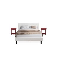 Nl19Q-2Hi13 3 Piece Bed Set - 1 Wood Bed White Velvet Fabric Headboard And 2 Nightstands Bedroom - Burgundy Finish Nightstand