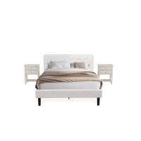 Nl19Q-2Vl0C 3 Piece Bed Set - 1 Bed White Velvet Fabric Headboard And 2 Nightstands - Wire Brushed Butter Cream Finish Nightstand