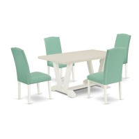 V026En257-5 5 Pc Dining Room Set Contains A Linen White Dining Table And 4 Pond Pu Leather Dining Chairs With High Back - Wire Brushed Linen White Finish