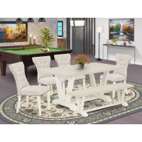 V026Ga235-6 6-Piece Kitchen Dinette Set-Doeskin Linen Fabric Seat And Button Tufted Chair Back Parson Dining Room Chairs, A Rectangular Bench And Rectangular Top Kitchen Table With Wooden Legs - Linen