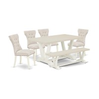 V026Ga235-6 6-Piece Kitchen Dinette Set-Doeskin Linen Fabric Seat And Button Tufted Chair Back Parson Dining Room Chairs, A Rectangular Bench And Rectangular Top Kitchen Table With Wooden Legs - Linen