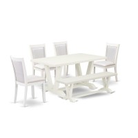 V026Mz001-6 6-Pc Table Set Contains A Dining Table - 4 Cream Dining Chairs And A Wood Bench - Wire Brushed Linen White Finish