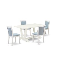 V026Mz015-5 5-Piece Dining Room Set Contains A Dining Table And 4 Baby Blue Upholstered Chairs - Wire Brushed Linen White Finish