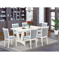 V026Mz015-7 7-Piece Modern Dining Set Contains A Dining Table And 6 Baby Blue Dining Chairs - Wire Brushed Linen White Finish