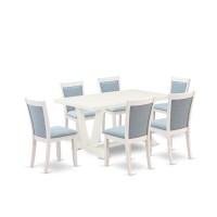 V026Mz015-7 7-Piece Modern Dining Set Contains A Dining Table And 6 Baby Blue Dining Chairs - Wire Brushed Linen White Finish