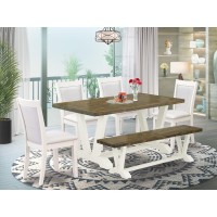V076Mz001-6 6-Pc Table Set Consists Of A Dining Table - 4 Cream Parson Chairs And A Small Bench - Wire Brushed Linen White Finish