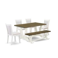 V076Mz001-6 6-Pc Table Set Consists Of A Dining Table - 4 Cream Parson Chairs And A Small Bench - Wire Brushed Linen White Finish