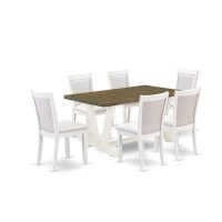 V076Mz001-7 7-Piece Dining Room Table Set Consists Of A Wooden Table And 6 Cream Dinner Chairs - Wire Brushed Linen White Finish