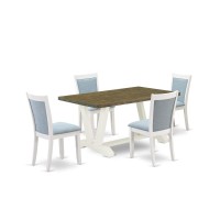 V076Mz015-5 5-Piece Modern Dining Set Consists Of A Dining Table And 4 Baby Blue Parson Chairs - Wire Brushed Linen White Finish