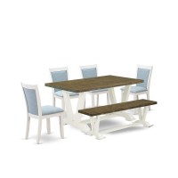 V076Mz015-6 6-Pc Dining Set Consists Of A Wood Table - 4 Baby Blue Parson Chairs And A Bench - Wire Brushed Linen White Finish