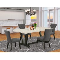 V626Ga650-5 5-Pc Dining Table Set Included 4 Parson Chairs Upholstered Seat And High Button Tufted Chair Back And Rectangular Table With Linen White Dining Table Top (Black Finish)
