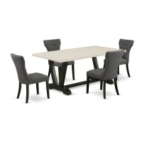 V626Ga650-5 5-Pc Dining Table Set Included 4 Parson Chairs Upholstered Seat And High Button Tufted Chair Back And Rectangular Table With Linen White Dining Table Top (Black Finish)