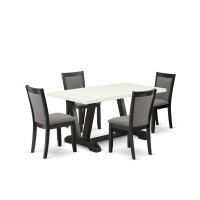 V626Mz650-5 5 Piece Dining Set - Linen White Table With 4 Dark Gotham Grey Linen Fabric Dinning Chairs - Wire Brushed Black Finish