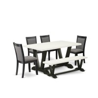 V626Mz650-6 6 Pc Dinette Set - Linen White Table With Dining Room Bench And 4 Dark Gotham Grey Chairs - Wire Brushed Black Finish