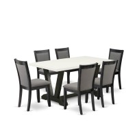 V626Mz650-7 7 Pc Table Set - Linen White Dinner Table With 6 Dark Gotham Grey Parson Chairs - Wire Brushed Black Finish