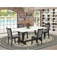 V627Mz650-5 5 Pc Table Set - Linen White Dining Table With 4 Dark Gotham Grey Linen Fabric Chairs - Wire Brushed Black Finish