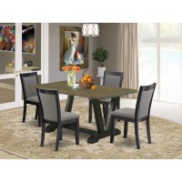 V676Mz650-5 5 Piece Dining Set - Distressed Jacobean Table With 4 Dark Gotham Grey Linen Fabric Chairs - Wire Brushed Black Finish