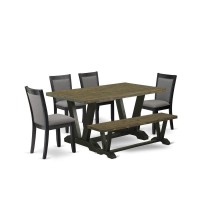 V676Mz650-6 6 Pc Dining Set - Distressed Jacobean Table With Bench And 4 Dark Gotham Grey Chairs - Wire Brushed Black Finish