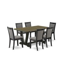 V676Mz650-7 7 Pc Dinette Set - Distressed Jacobean Table With 6 Dark Gotham Grey Linen Fabric Chairs - Wire Brushed Black Finish