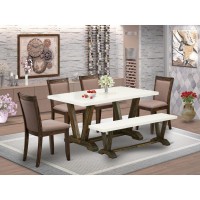 V726Mz748-6 - 6-Pc Dining Set - 4 Parson Dining Chairs, A Dining Bench And 1 Dining Table (Distressed Jacobean Finish)