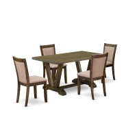 V776Mz716-5 5 Piece Dining Table Set - A Modern Dining Table With Trestle Base And 4 Parson Chairs - Distressed Jacobean Finish