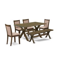 V776Mz716-6 6 Piece Dining Table Set- A Dining Table In Trestle Base With Bench And 4 Parsons Chairs - Distressed Jacobean Finish