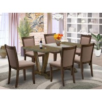 V776Mz748-7 - 7-Pc Dinette Room Set - 6 Dining Room Chairs And 1 Dining Table (Distressed Jacobean Finish)