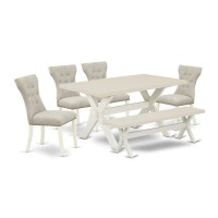 X026Ga235-6 6-Piece Kitchen Dinette Set-Doeskin Linen Fabric Seat And Button Tufted Chair Back Parson Dining Room Chairs, A Rectangular Bench And Rectangular Top Kitchen Table With Wooden Legs - Linen