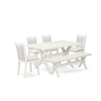 X026Mz001-6 6-Pc Dining Table Set Contains A Dinner Table - 4 Cream Dining Chairs And A Bench - Wire Brushed Linen White Finish
