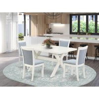 X026Mz015-5 5-Piece Dining Room Table Set Contains A Dining Table And 4 Baby Blue Padded Chairs - Wire Brushed Linen White Finish
