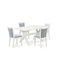 X026Mz015-5 5-Piece Dining Room Table Set Contains A Dining Table And 4 Baby Blue Padded Chairs - Wire Brushed Linen White Finish