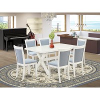 X026Mz015-7 7-Piece Dining Table Set Contains A Wooden Table And 6 Baby Blue Dining Room Chairs - Wire Brushed Linen White Finish
