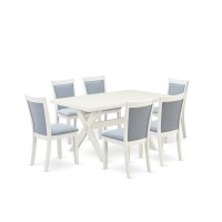 X026Mz015-7 7-Piece Dining Table Set Contains A Wooden Table And 6 Baby Blue Dining Room Chairs - Wire Brushed Linen White Finish
