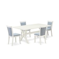 X027Mz015-5 5-Pc Dinette Set Includes A Dining Room Table And 4 Baby Blue Parson Dining Chairs - Wire Brushed Linen White Finish